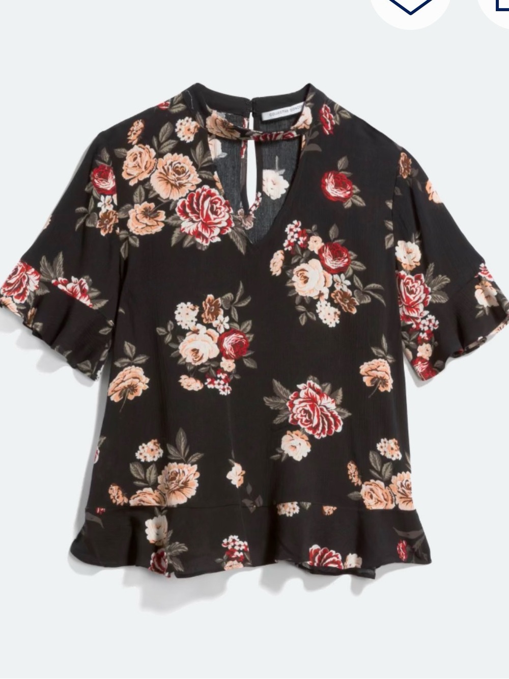 Collective Concepts Kiim Gigi Black Floral Short-Sleeve Keyhole V-Neck Top, Med